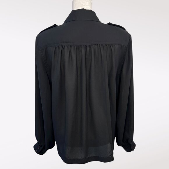 Vintage Black Button-Up Blouse Pleated Pockets 70s Poly Size Small - Picture 5 of 10